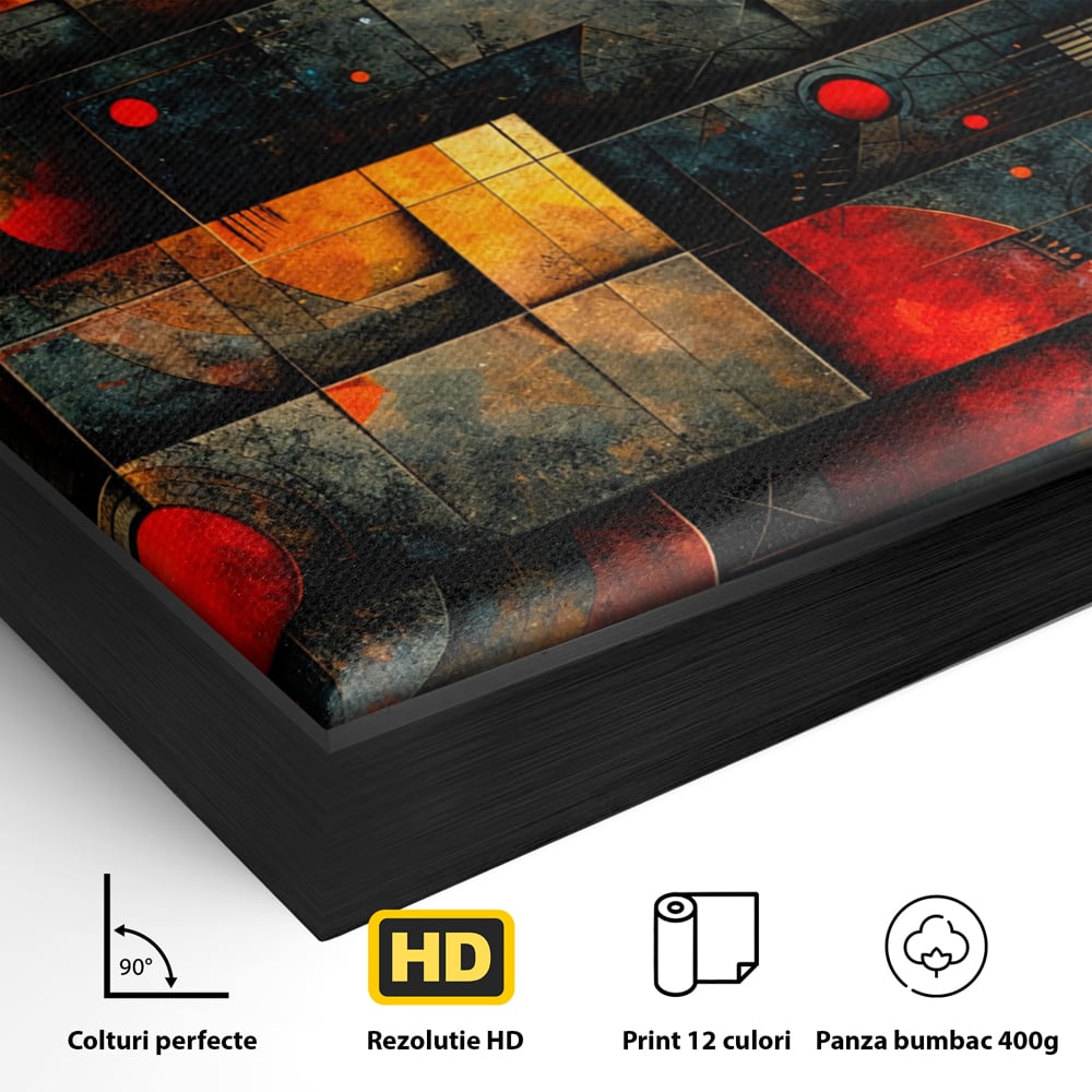 Detaliu al suprafetei: tablou canvas cu forme geometrice abstracte, in rama de aluminiu negru